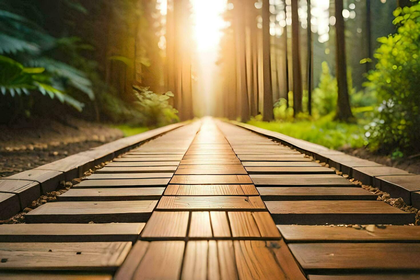 a wooden walkway in the middle of a forest. AI-Generated photo