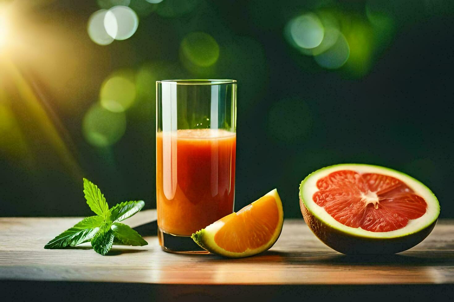 un vaso de naranja jugo con un rebanada de pomelo. generado por ai foto