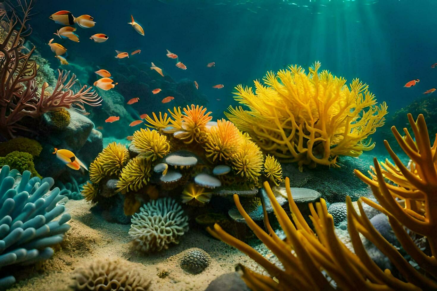 photo wallpaper sea, coral, fish, corals, the ocean, the sea, the sun. AI-Generated