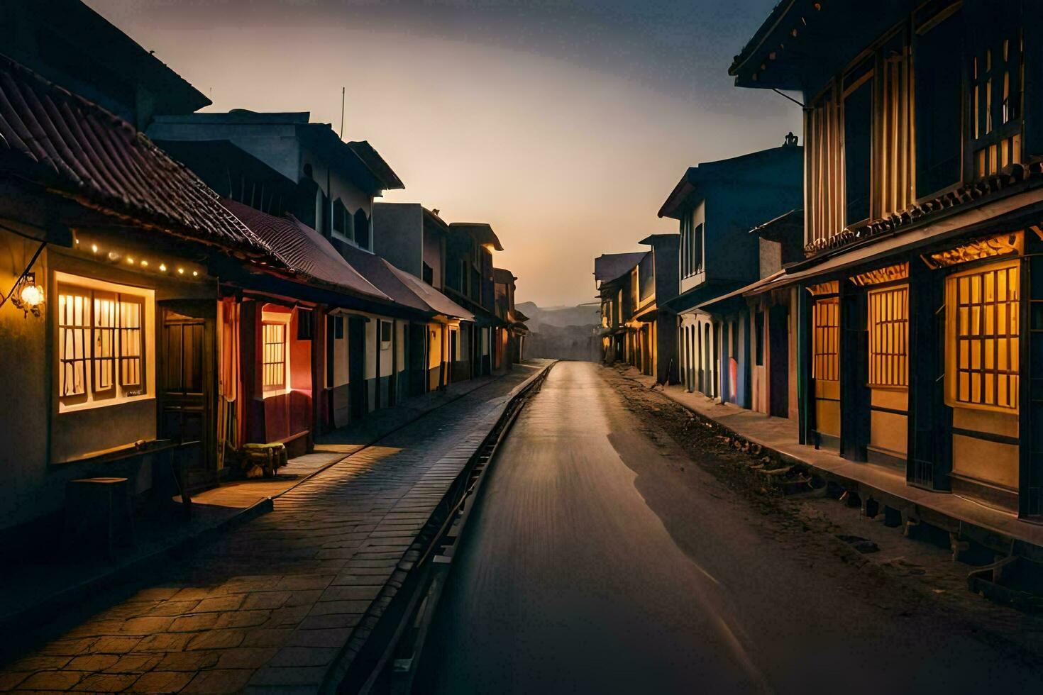 a long exposure photograph of a street at dusk. AI-Generated photo