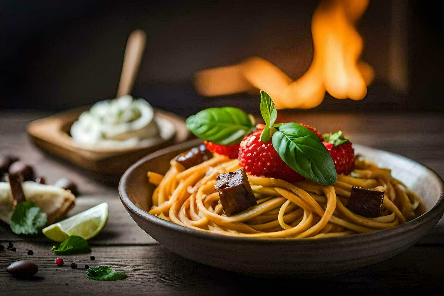 spaghetti with meat and strawberries in a bowl. AI-Generated photo
