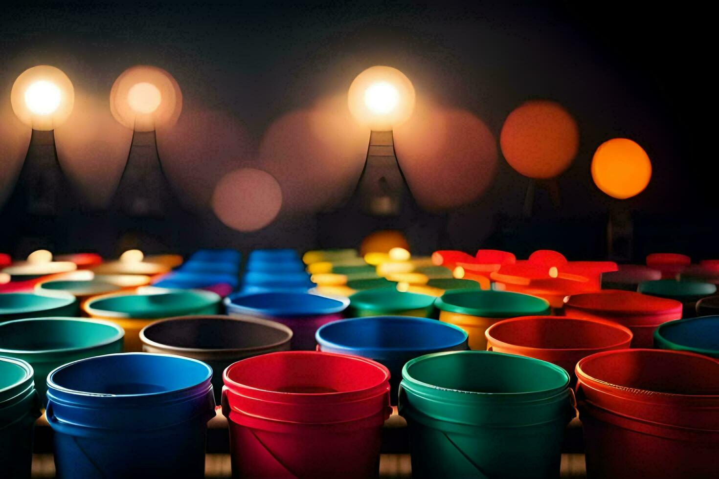 many colorful plastic cups are lined up in a row. AI-Generated photo