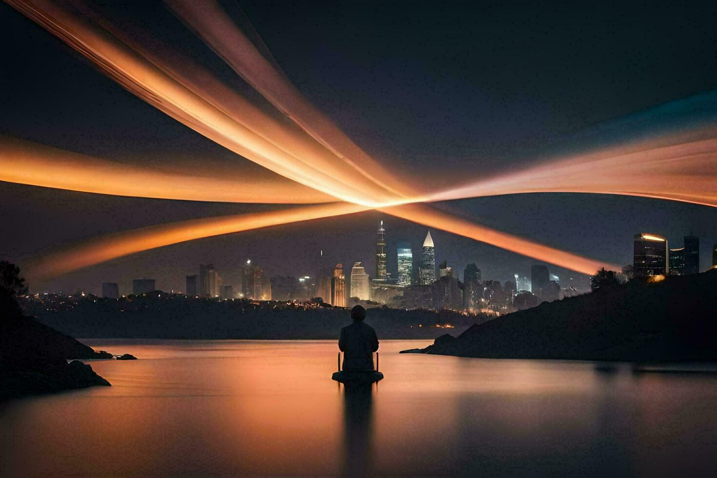a man standing on a rock in front of a city at night. AI-Generated photo
