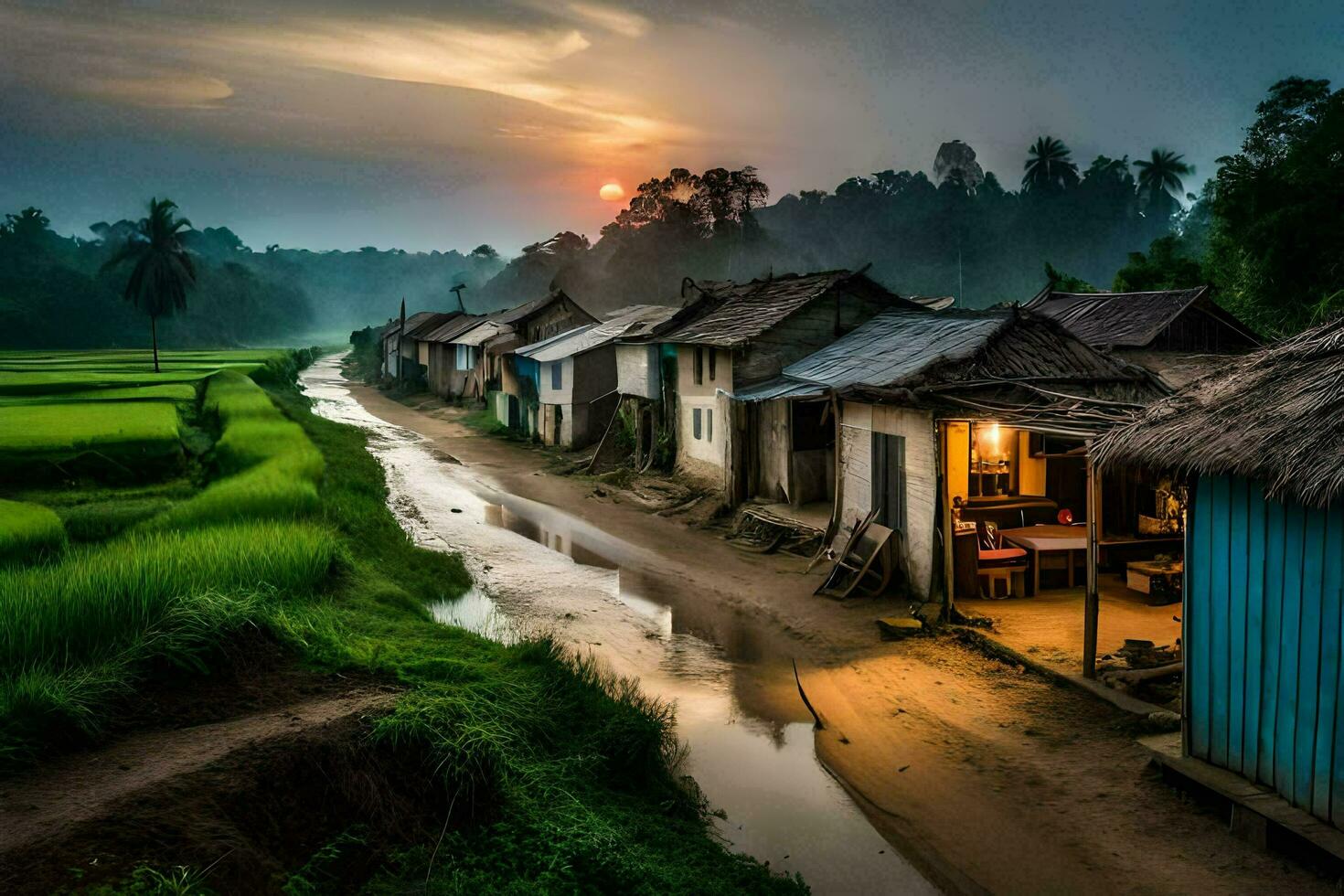 un pequeño pueblo en el medio de un arroz campo. generado por ai foto