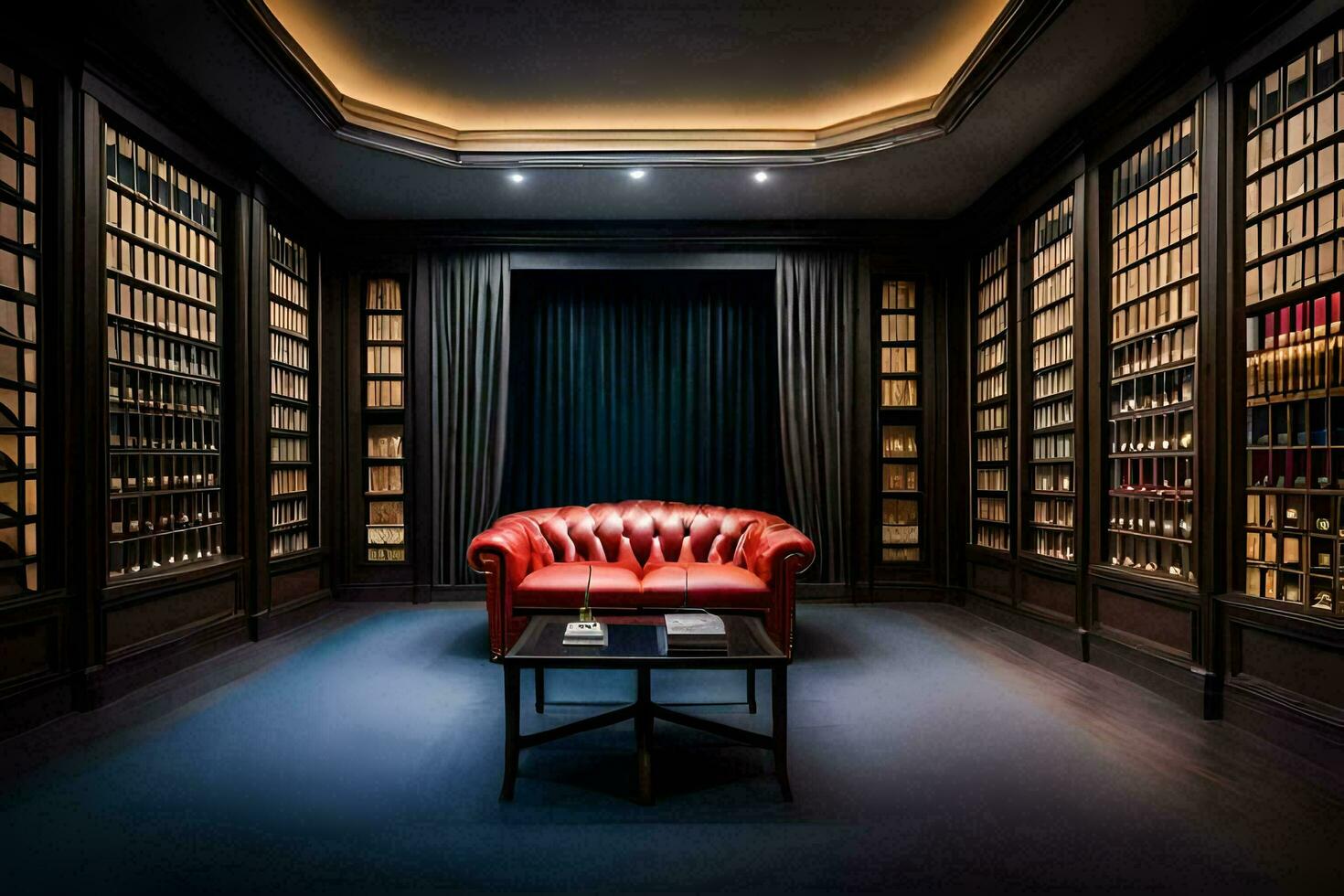 a library with a red leather chair and bookshelves. AI-Generated photo