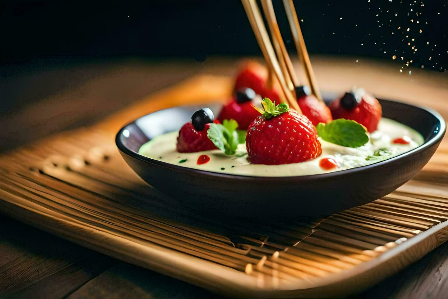 a bowl of strawberries and a chopstick. AI-Generated photo