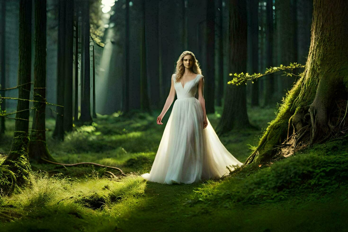 a woman in a wedding dress is standing in the woods. AI-Generated photo