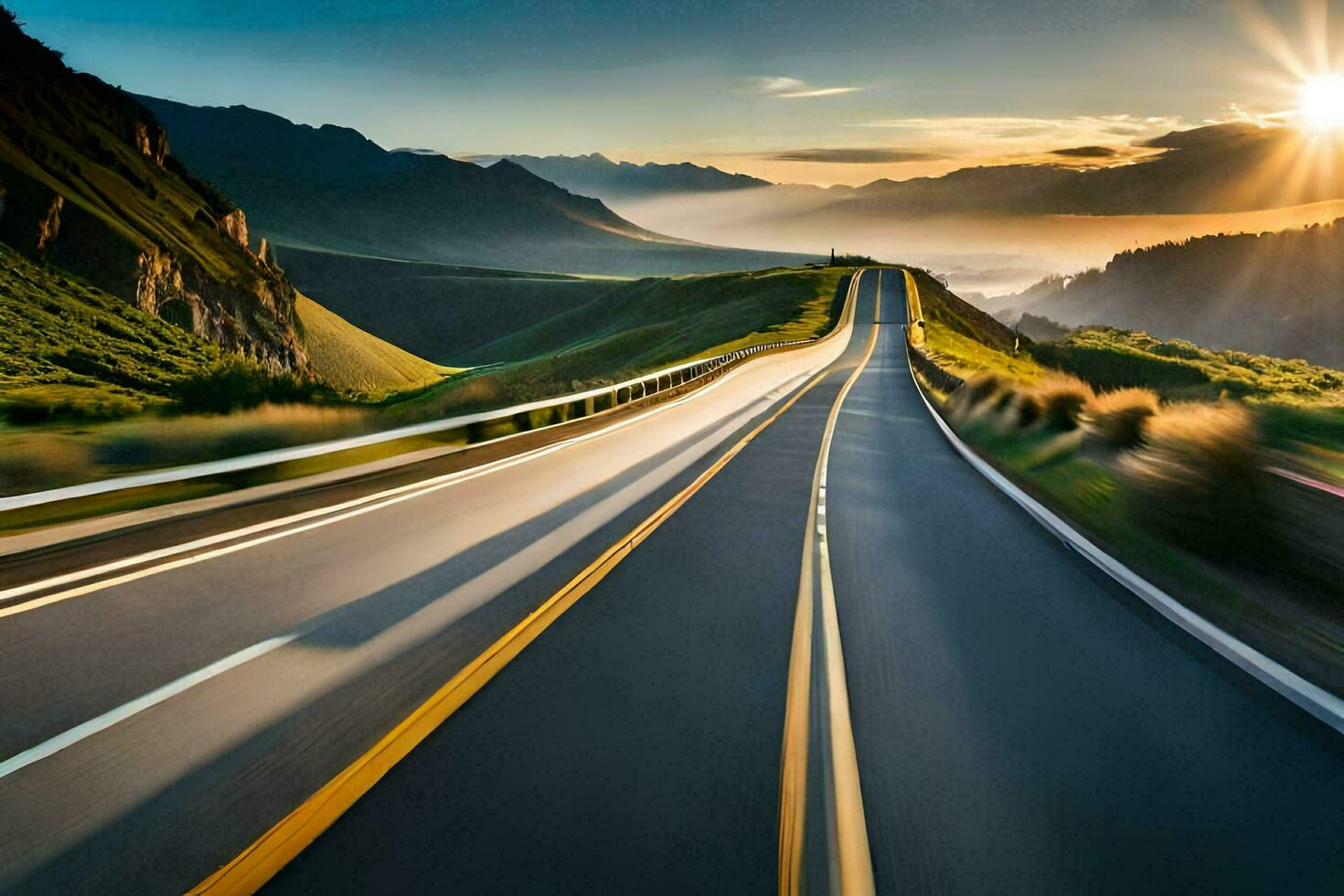 a road in the mountains with the sun setting. AI-Generated photo