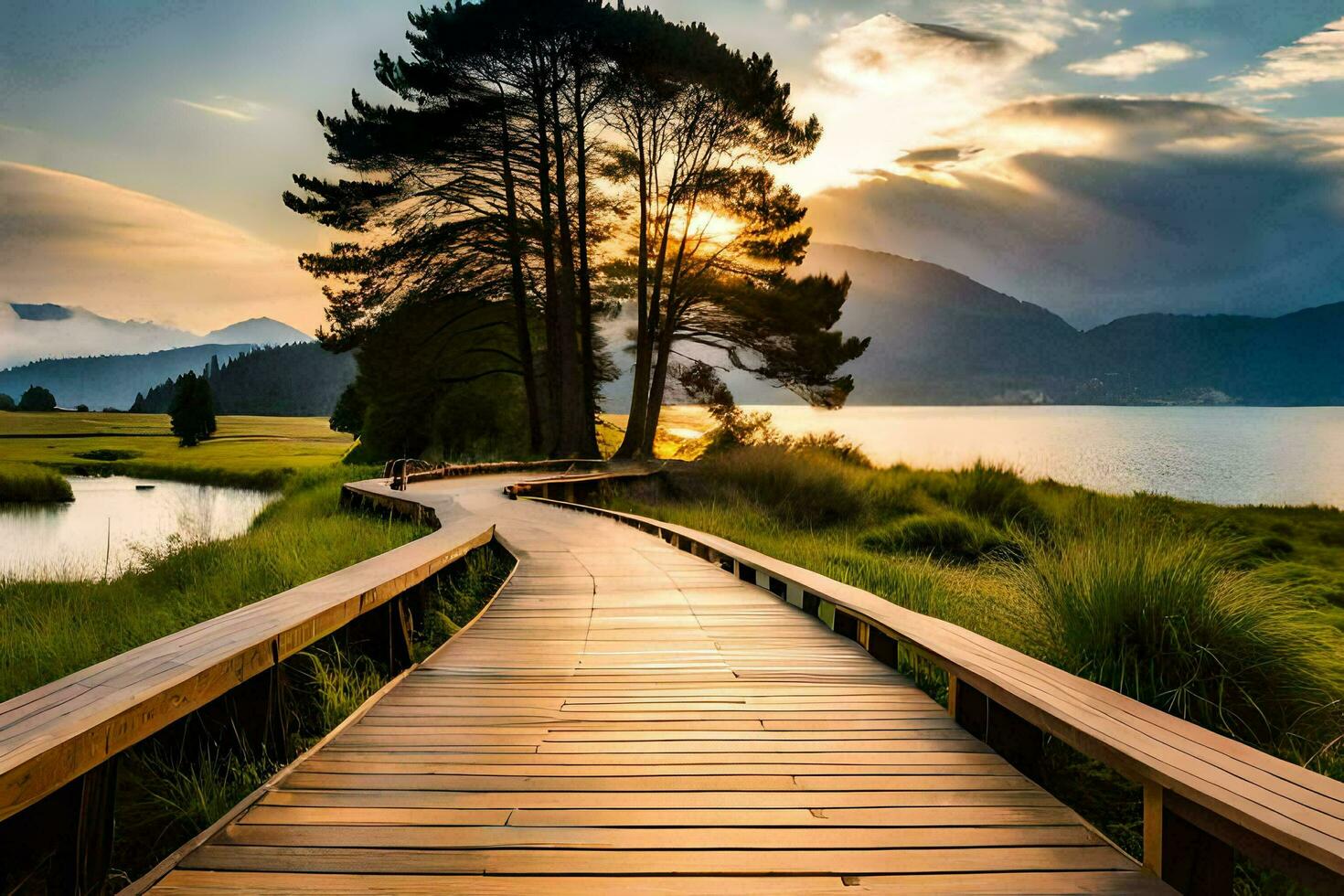 a wooden walkway leads to a lake and mountains at sunset. AI-Generated photo