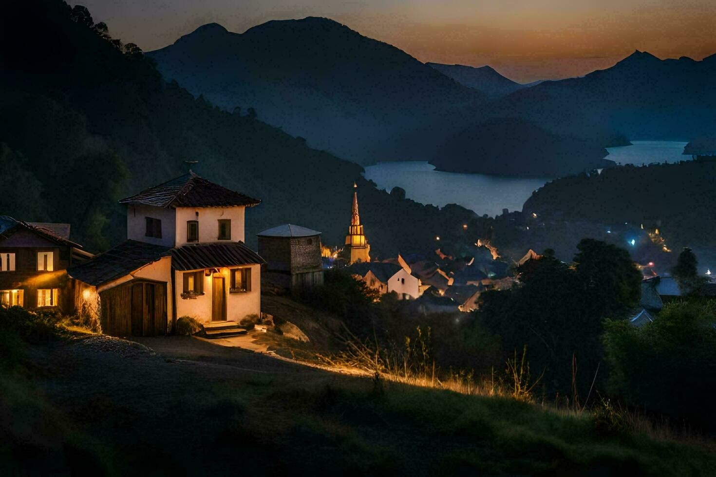 un pequeño pueblo en el montañas a noche. generado por ai foto