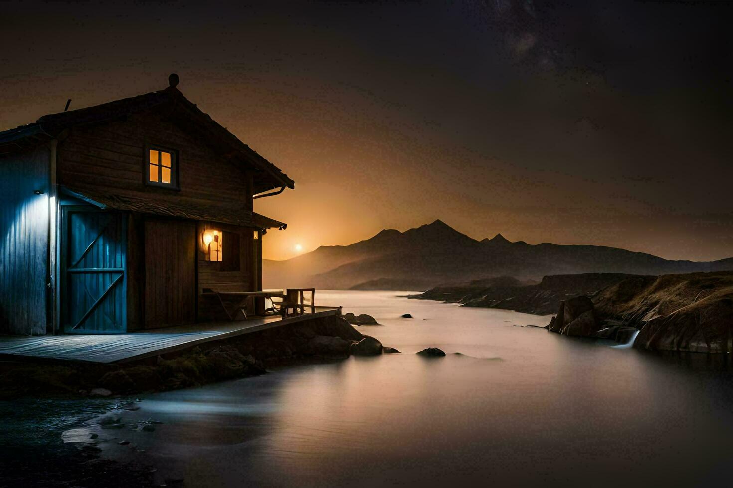 a small cabin sits on the shore of a lake at night. AI-Generated photo