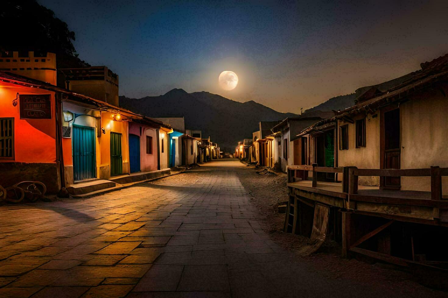 the moon is setting over a street in a village. AI-Generated photo