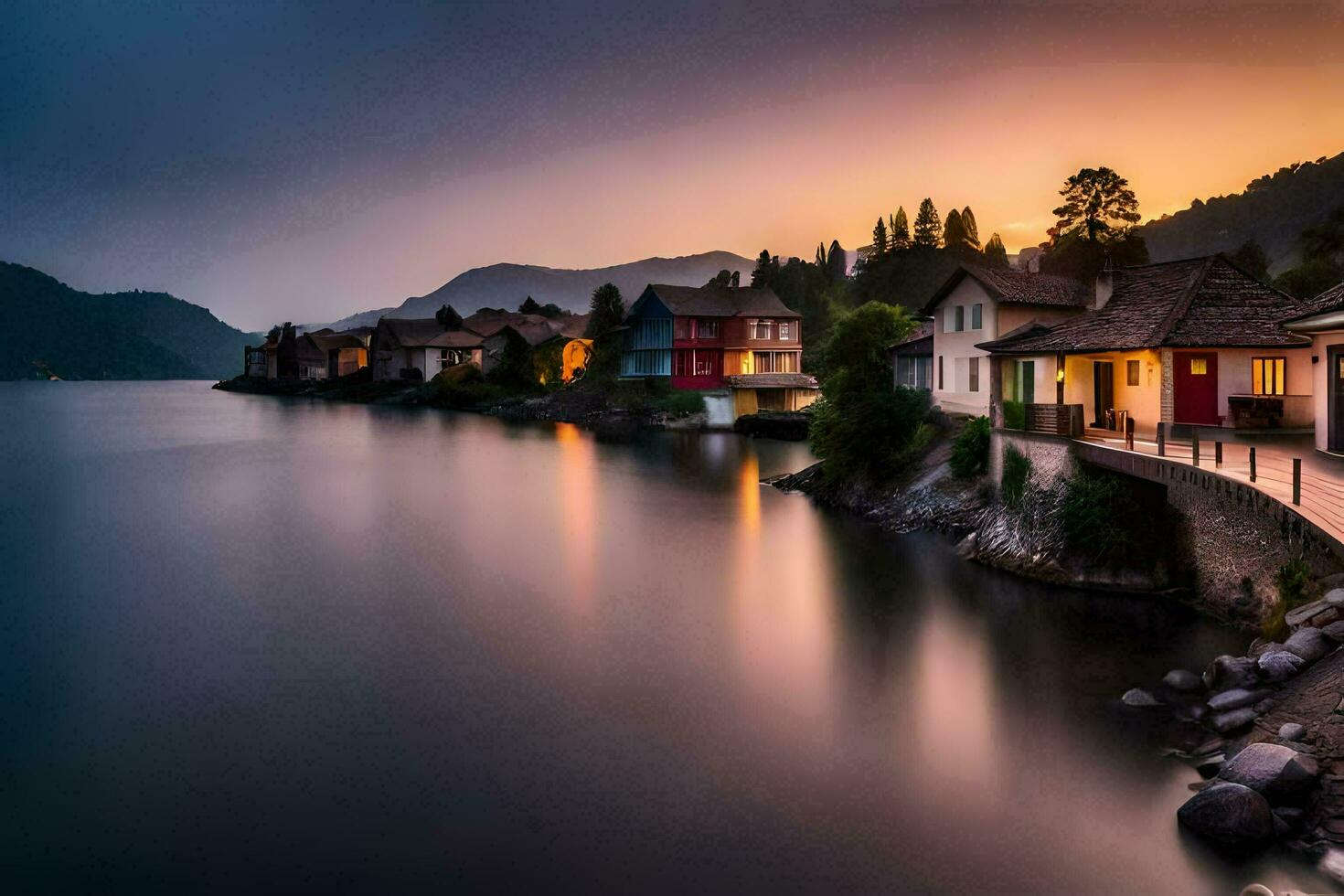 a lake and houses at dusk. AI-Generated photo
