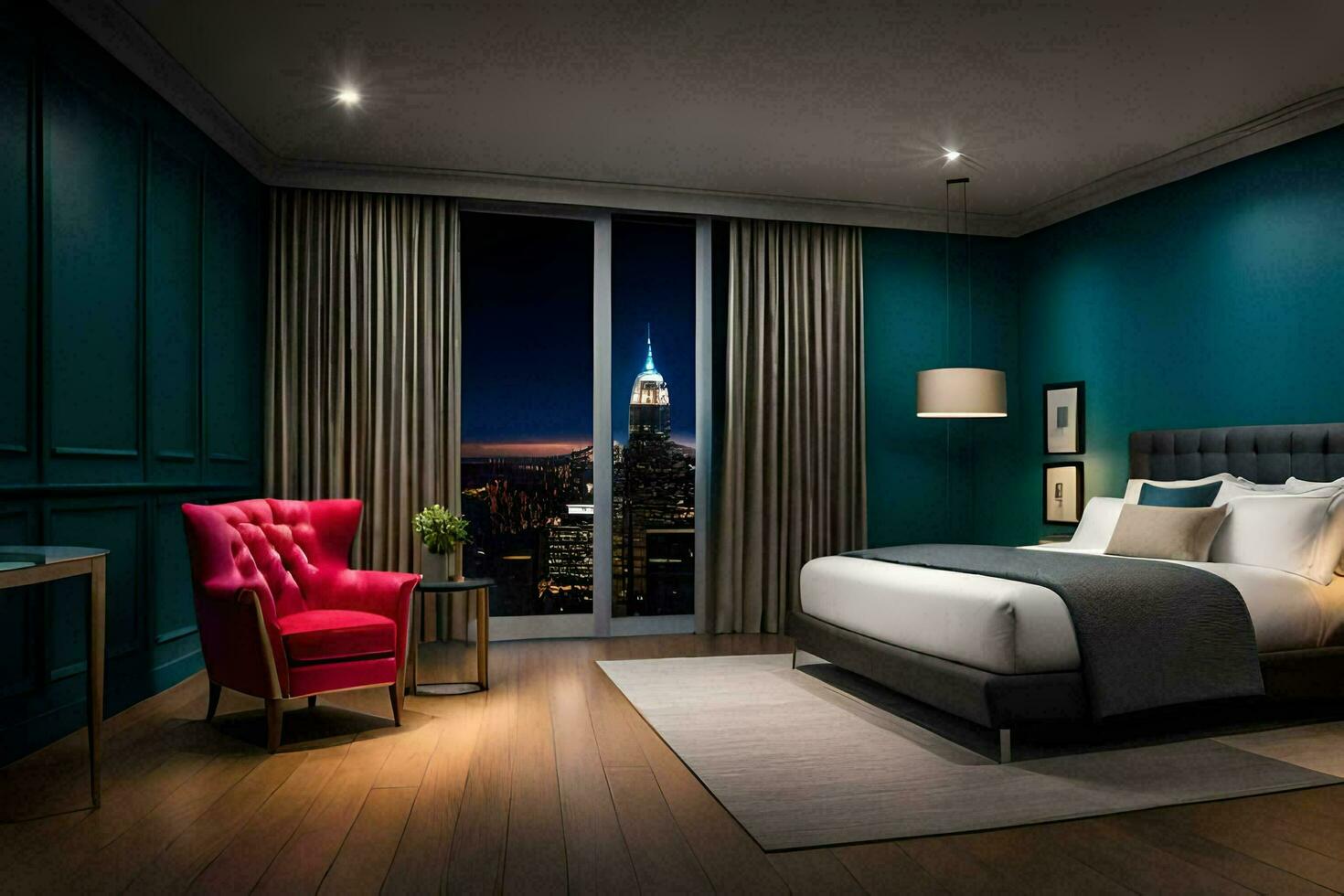 a bedroom with a view of the city skyline. AI-Generated photo