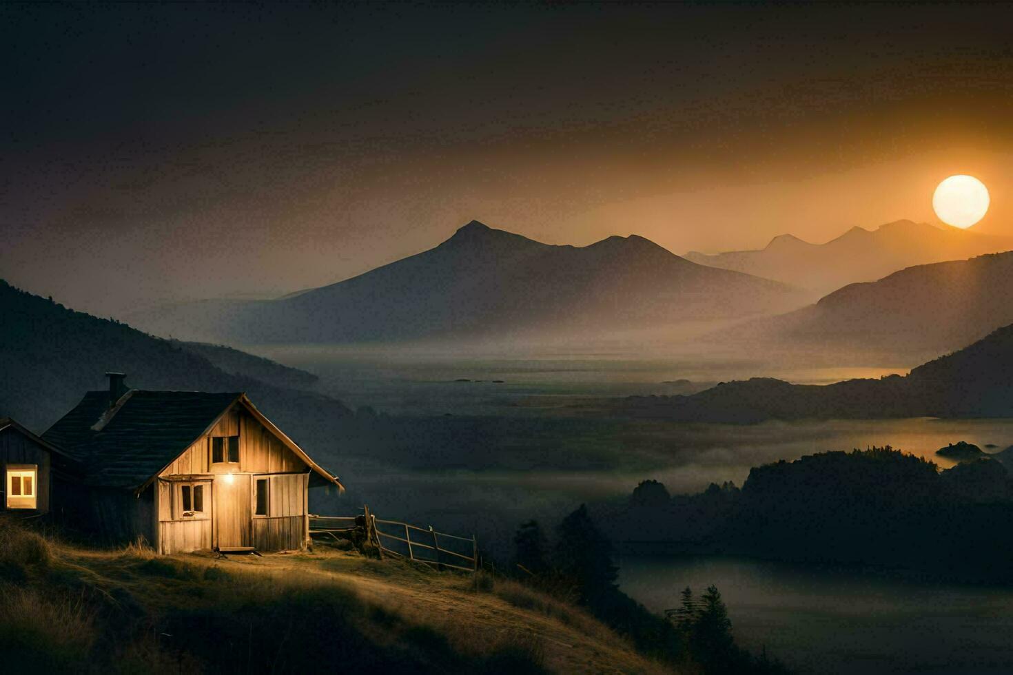 a small cabin sits on a hill overlooking a lake and mountains. AI-Generated photo