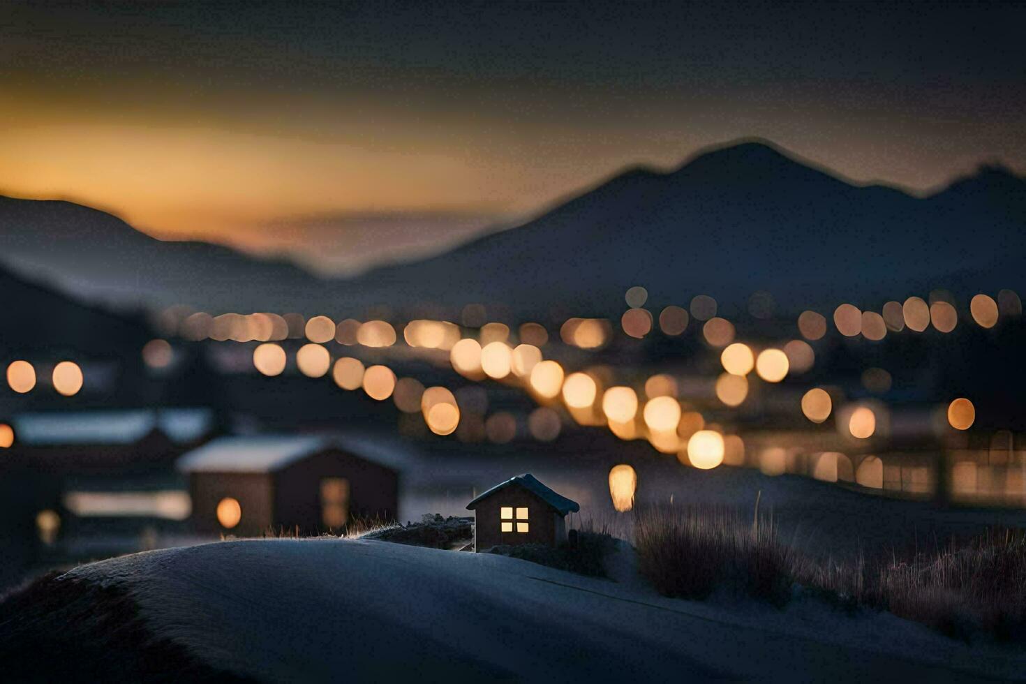 a small house in the middle of a snowy field. AI-Generated photo