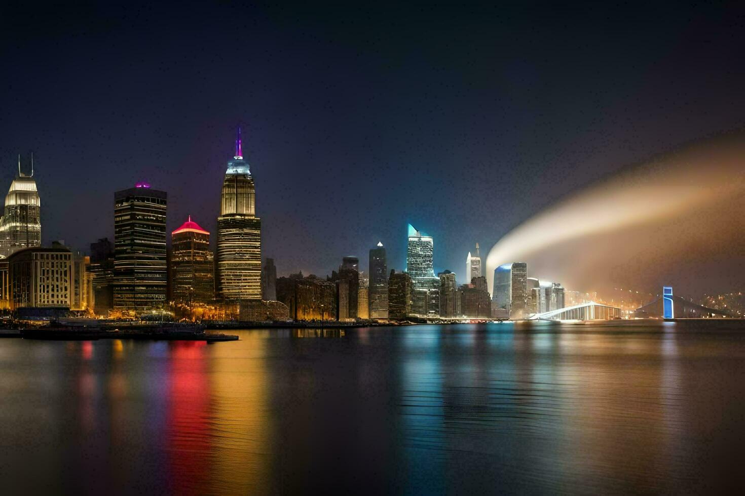 el ciudad horizonte a noche con un arco iris ligero. generado por ai foto