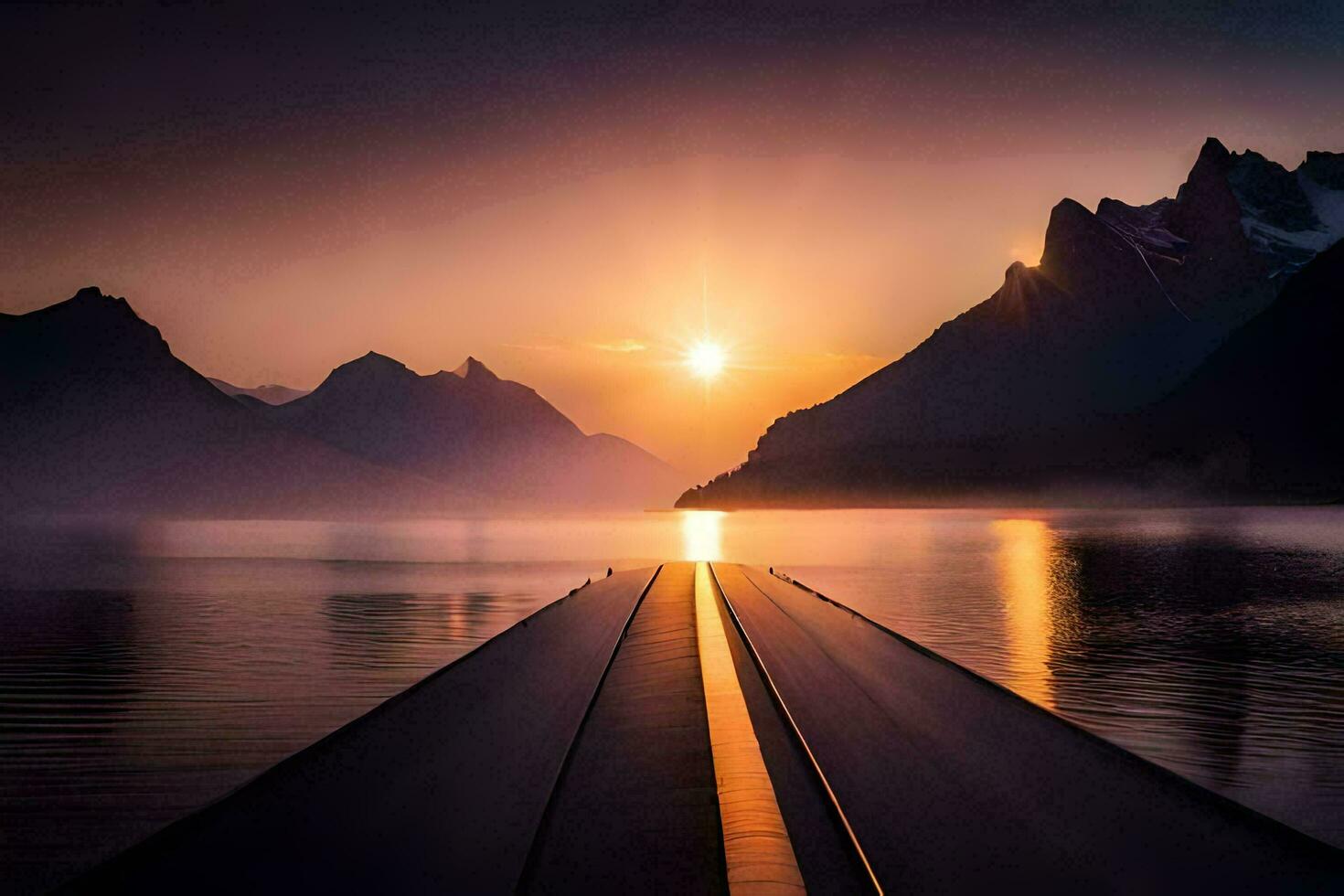 a long pier is in the middle of a lake at sunset. AI-Generated photo