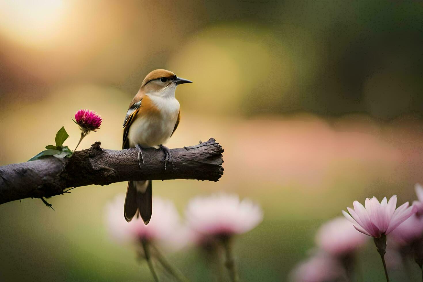 a bird sits on a branch with pink flowers. AI-Generated photo