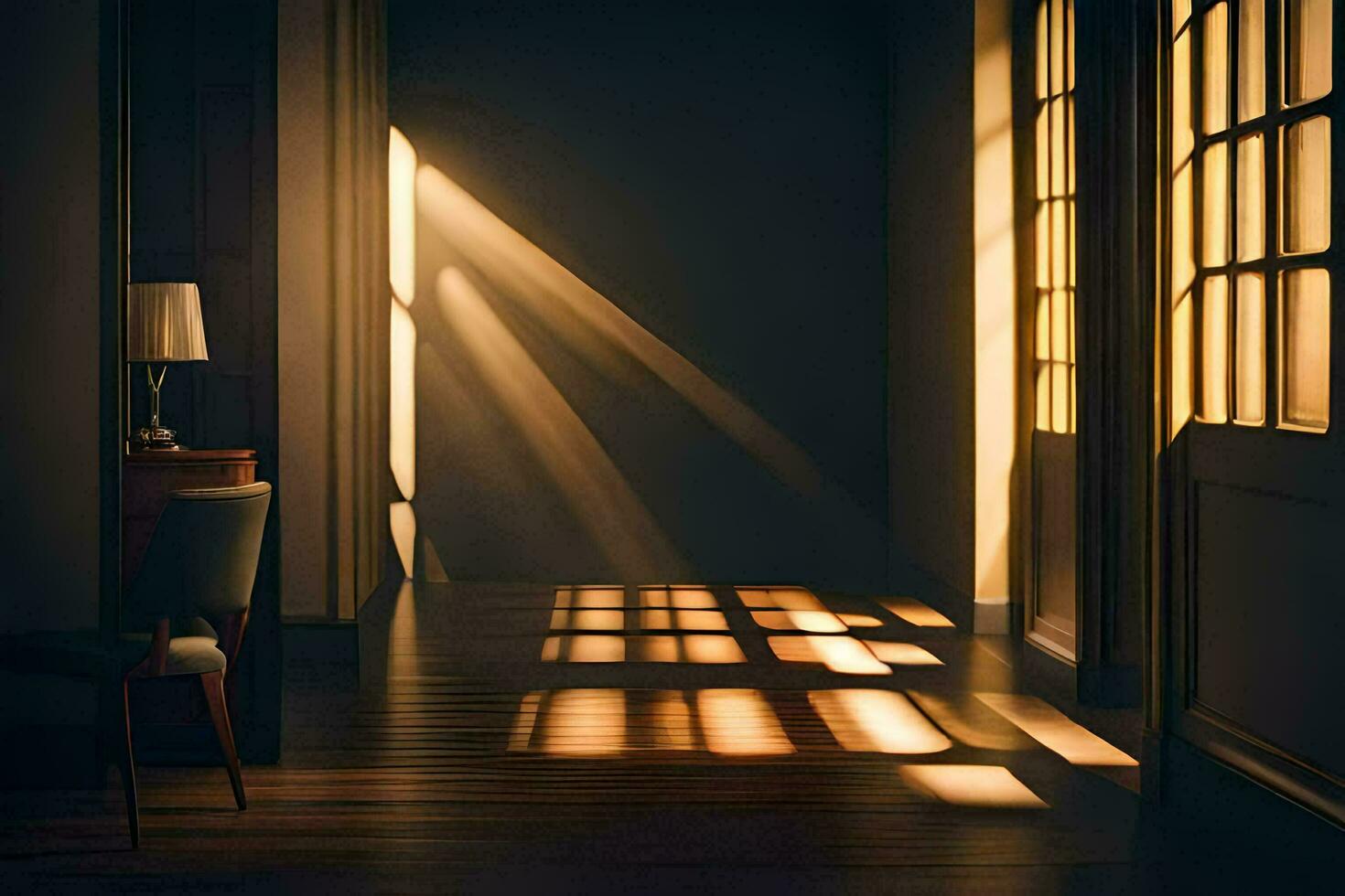 un habitación con luz de sol brillante mediante el ventanas generado por ai foto