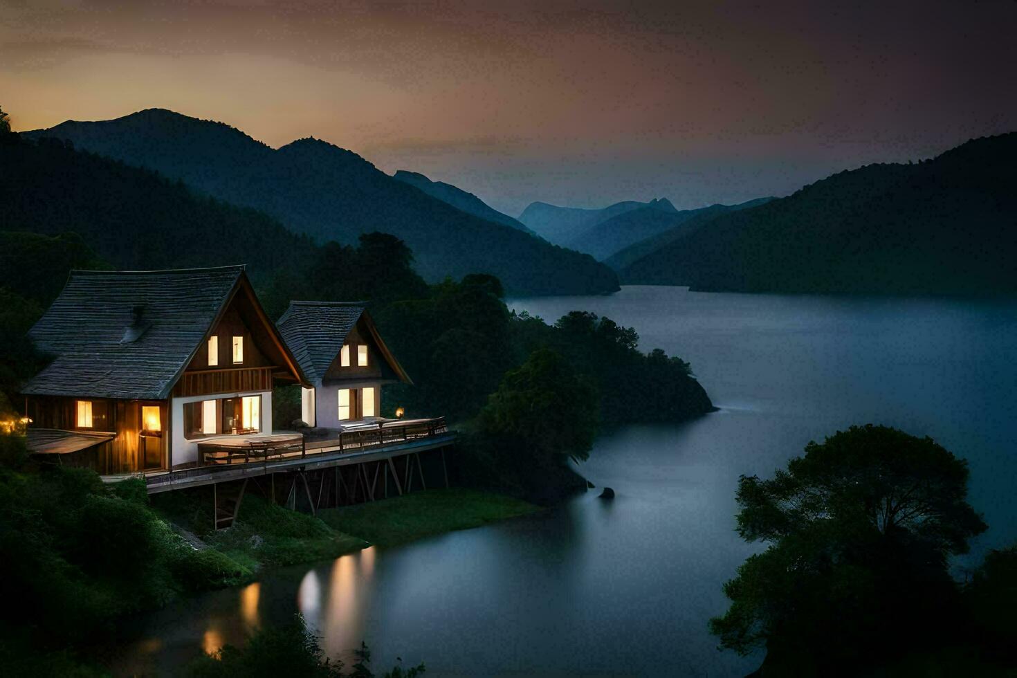 two houses on a lake at dusk. AI-Generated photo