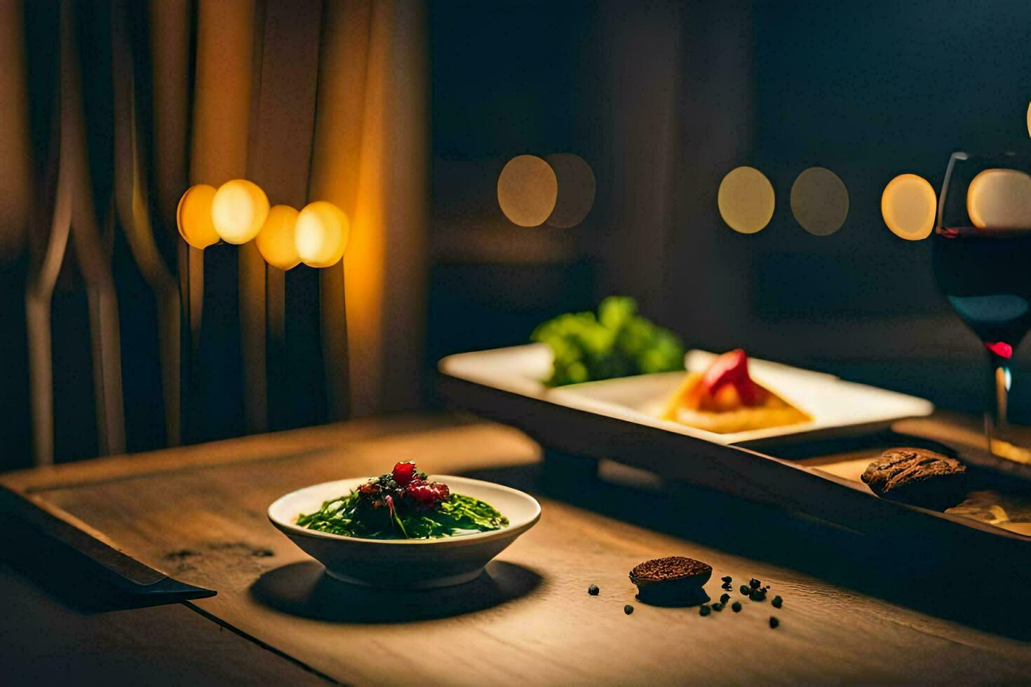 a table with food and wine on it. AI-Generated photo