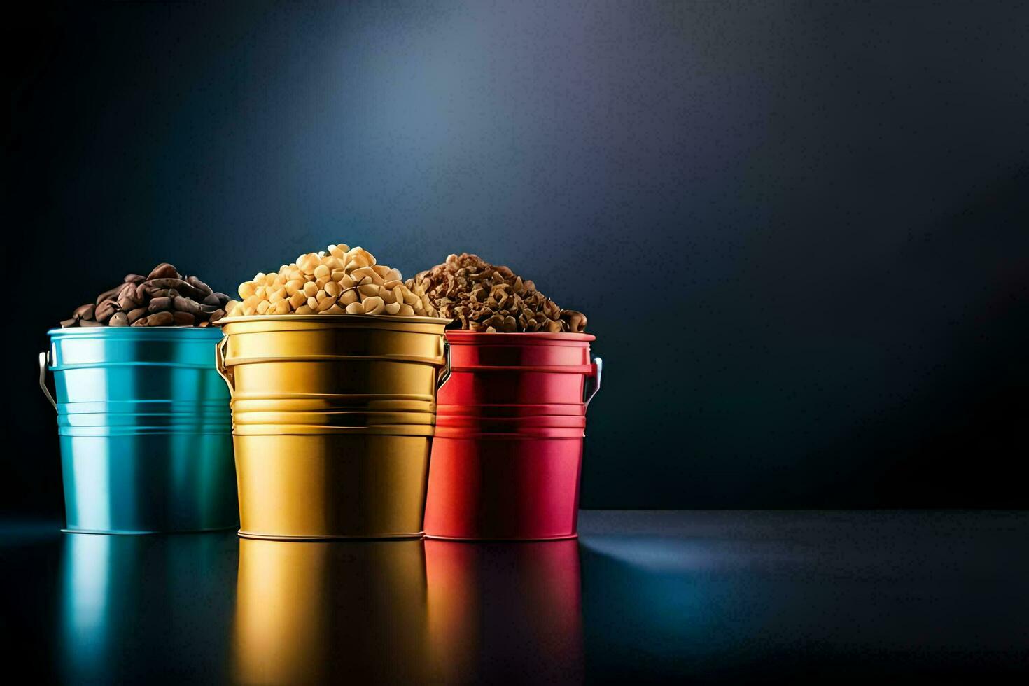 three colorful buckets with different types of food. AI-Generated photo