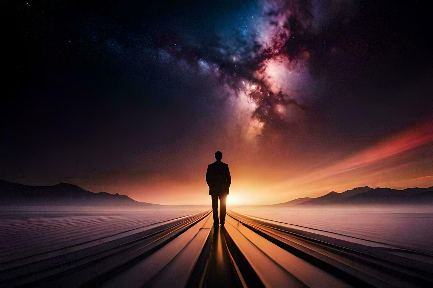 a man standing on a road looking at the sky. AI-Generated photo
