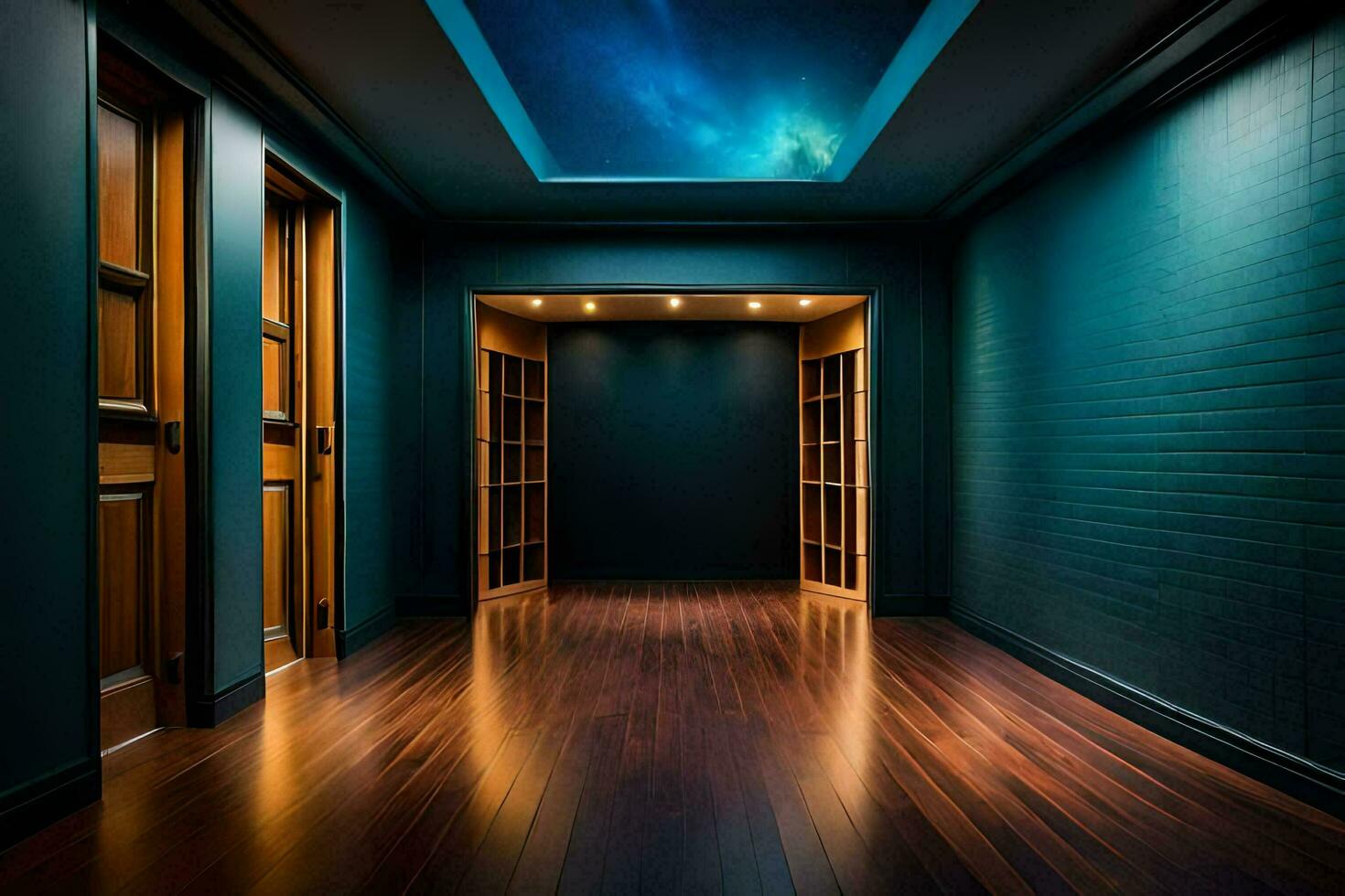 a dark hallway with a ceiling that is lit up. AI-Generated photo