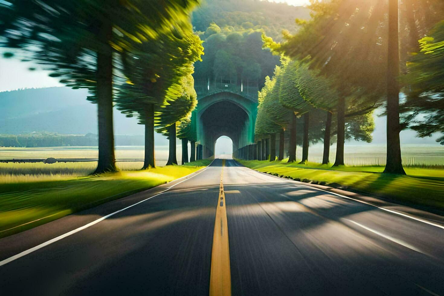a road with trees and a tunnel in the background. AI-Generated photo