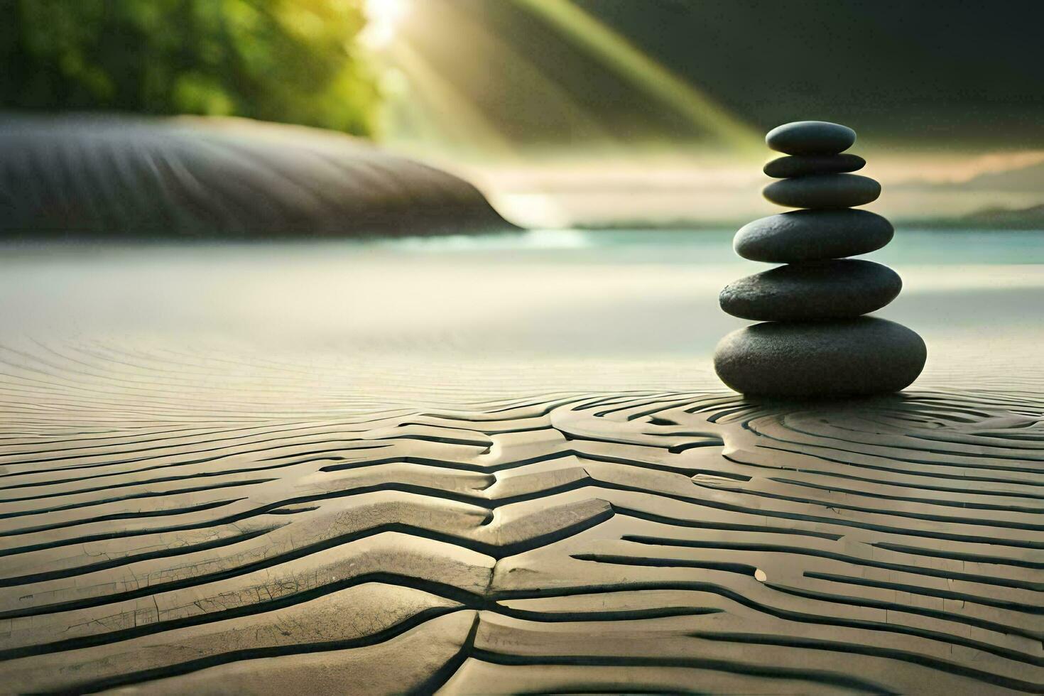 a stack of rocks on the beach. AI-Generated photo