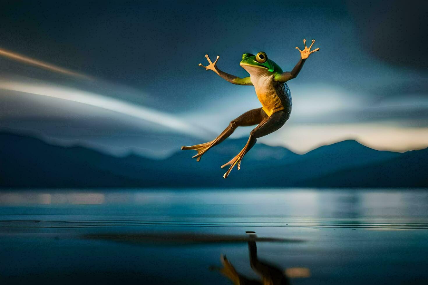 a frog jumping in the air over water. AI-Generated photo