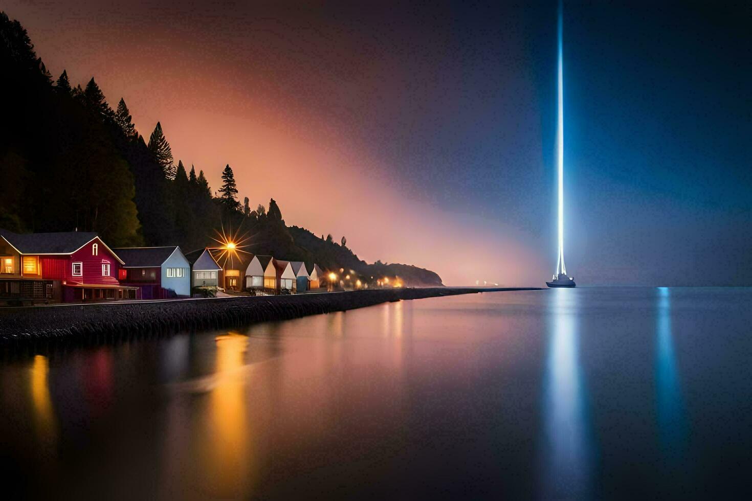 un largo exposición fotografía de un faro en el agua. generado por ai foto