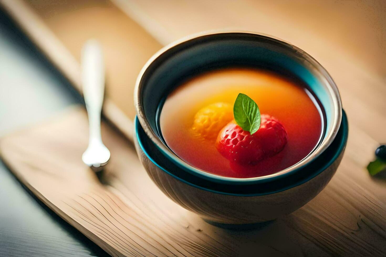 a cup of tea with a strawberry and mint leaf. AI-Generated photo