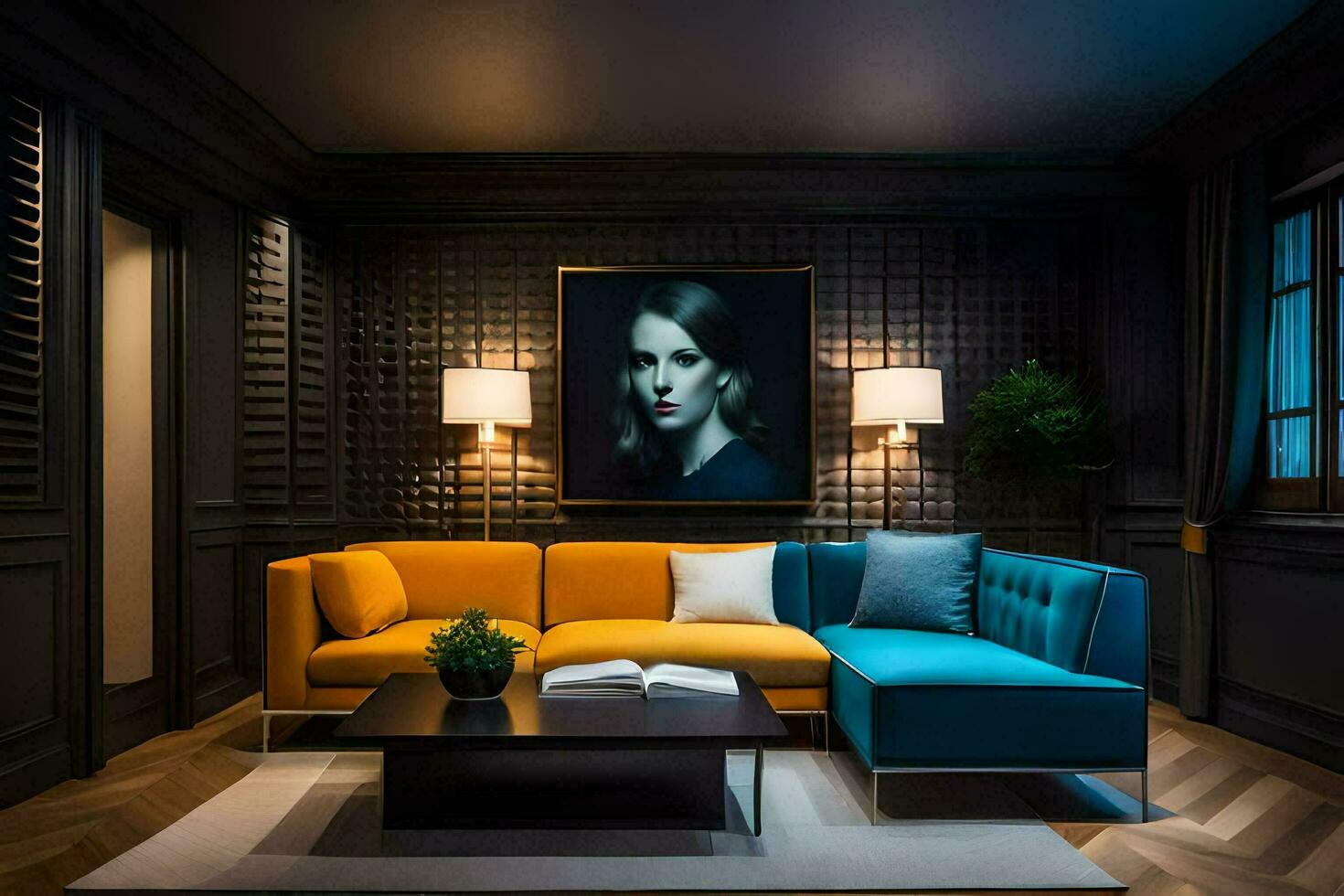 a living room with a blue couch and orange couch. AI-Generated photo