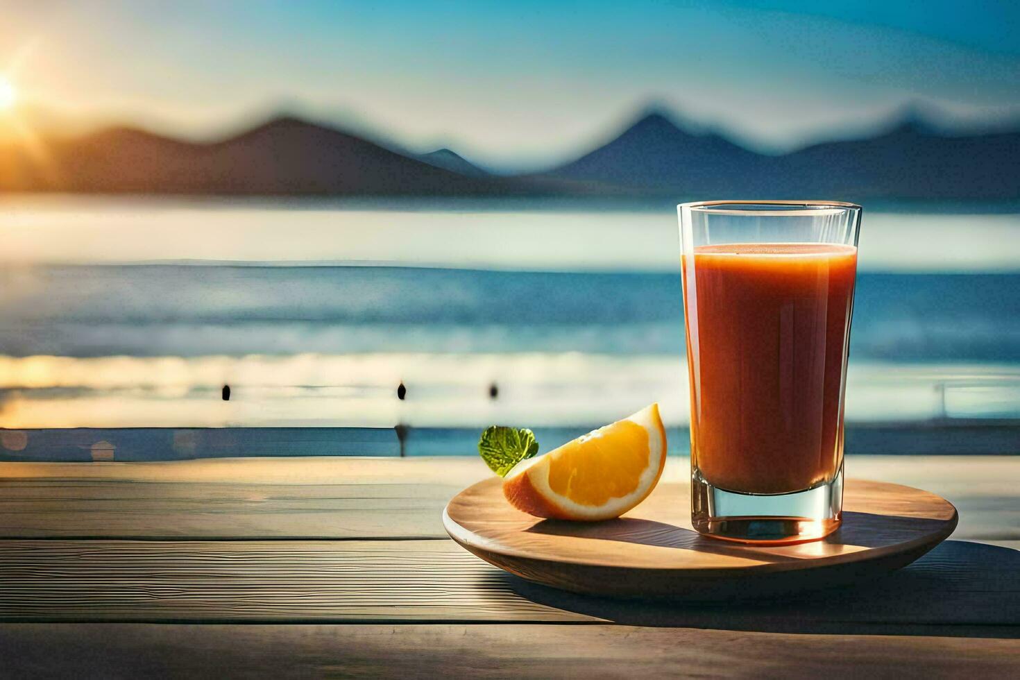 a glass of juice on a wooden table with the sun setting behind it. AI-Generated photo