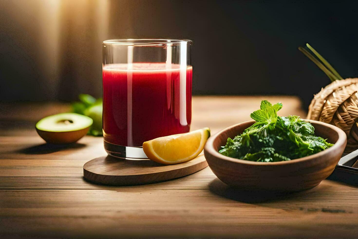 a glass of juice with a slice of lemon and a bowl of greens. AI-Generated photo