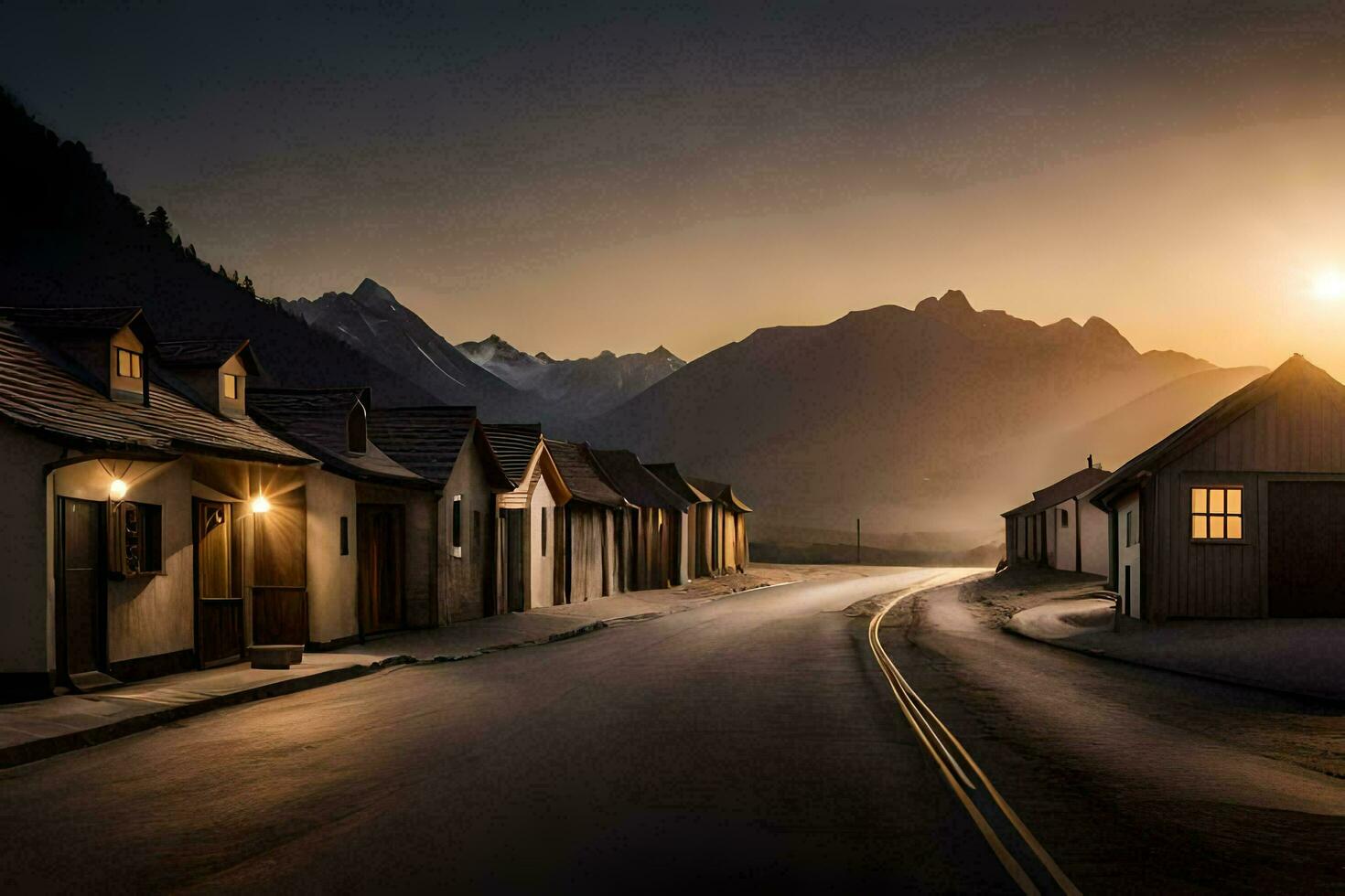 photo wallpaper the sky, mountains, road, houses, the sun, the mountains. AI-Generated