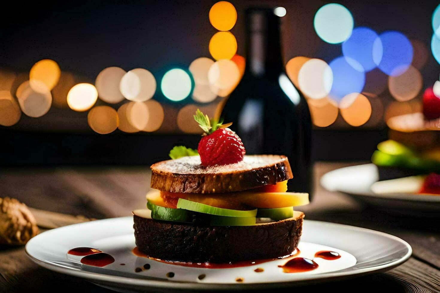 a plate with a sandwich and a bottle of wine. AI-Generated photo