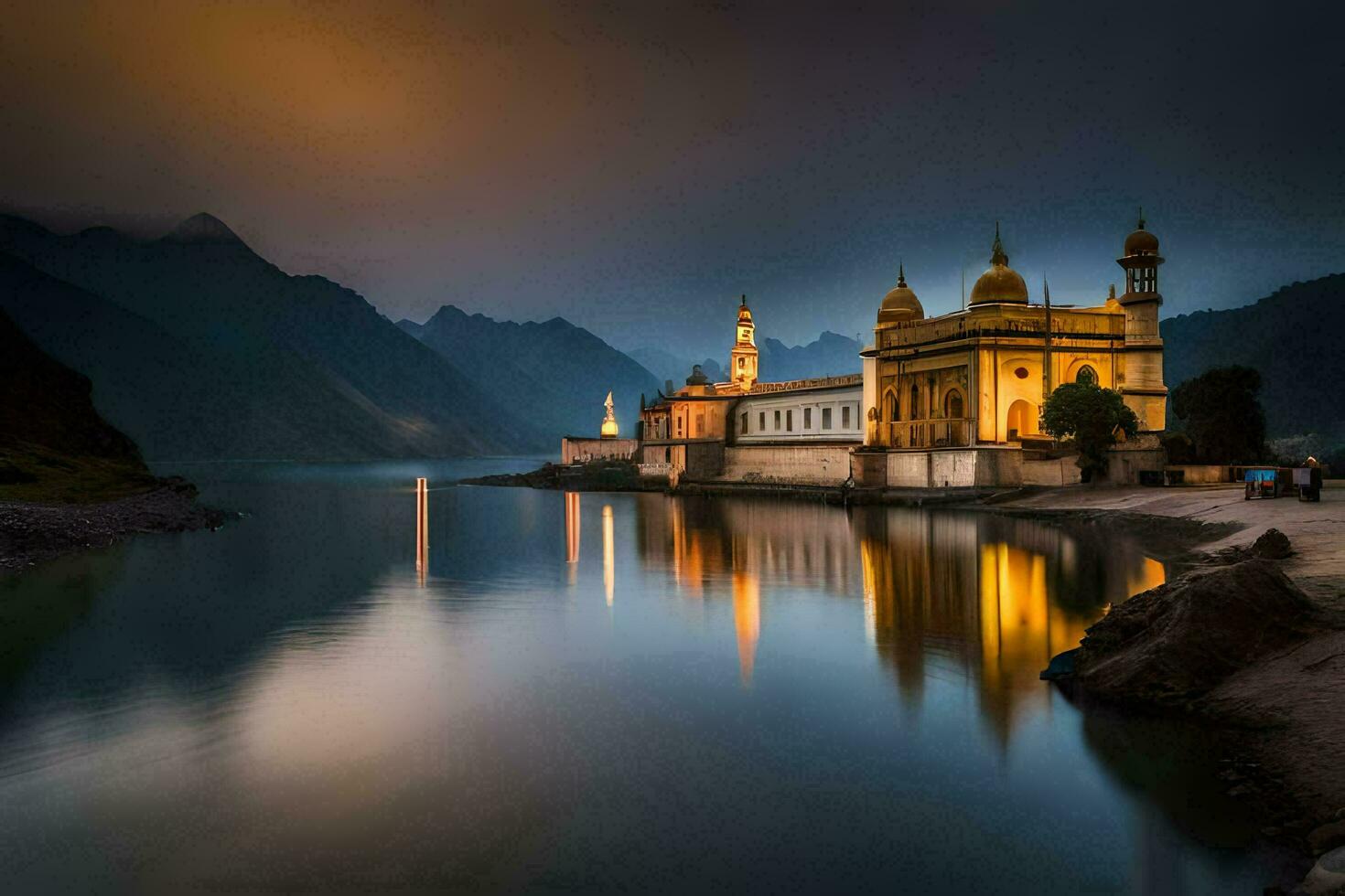 the mosque is lit up at night in the mountains. AI-Generated photo