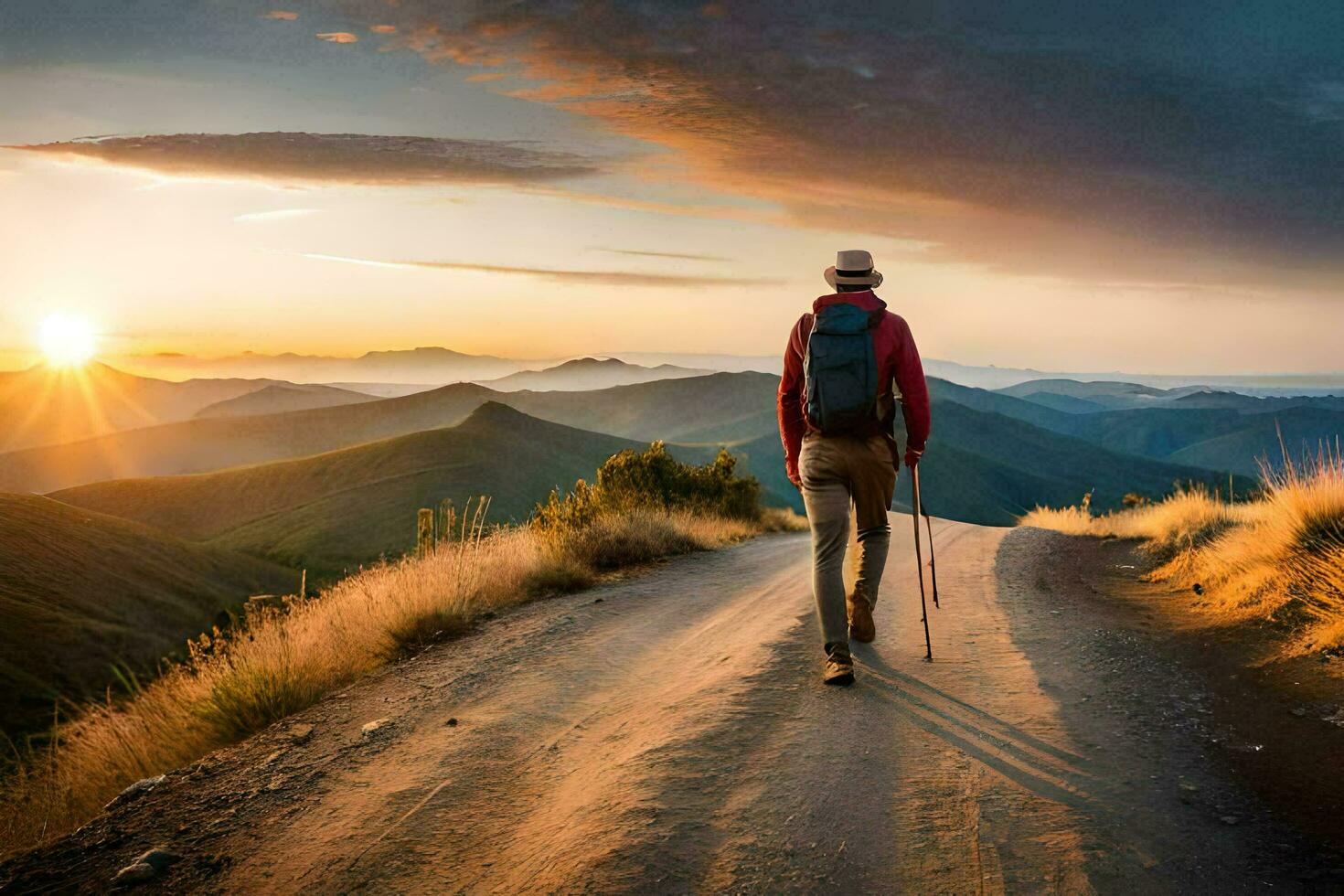 a man with a backpack and hiking poles walks down a dirt road at sunset. AI-Generated photo