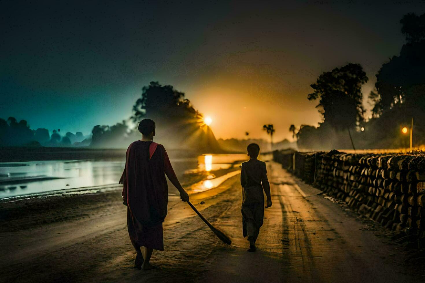 two people walking along a road at night with the sun setting behind them. AI-Generated photo