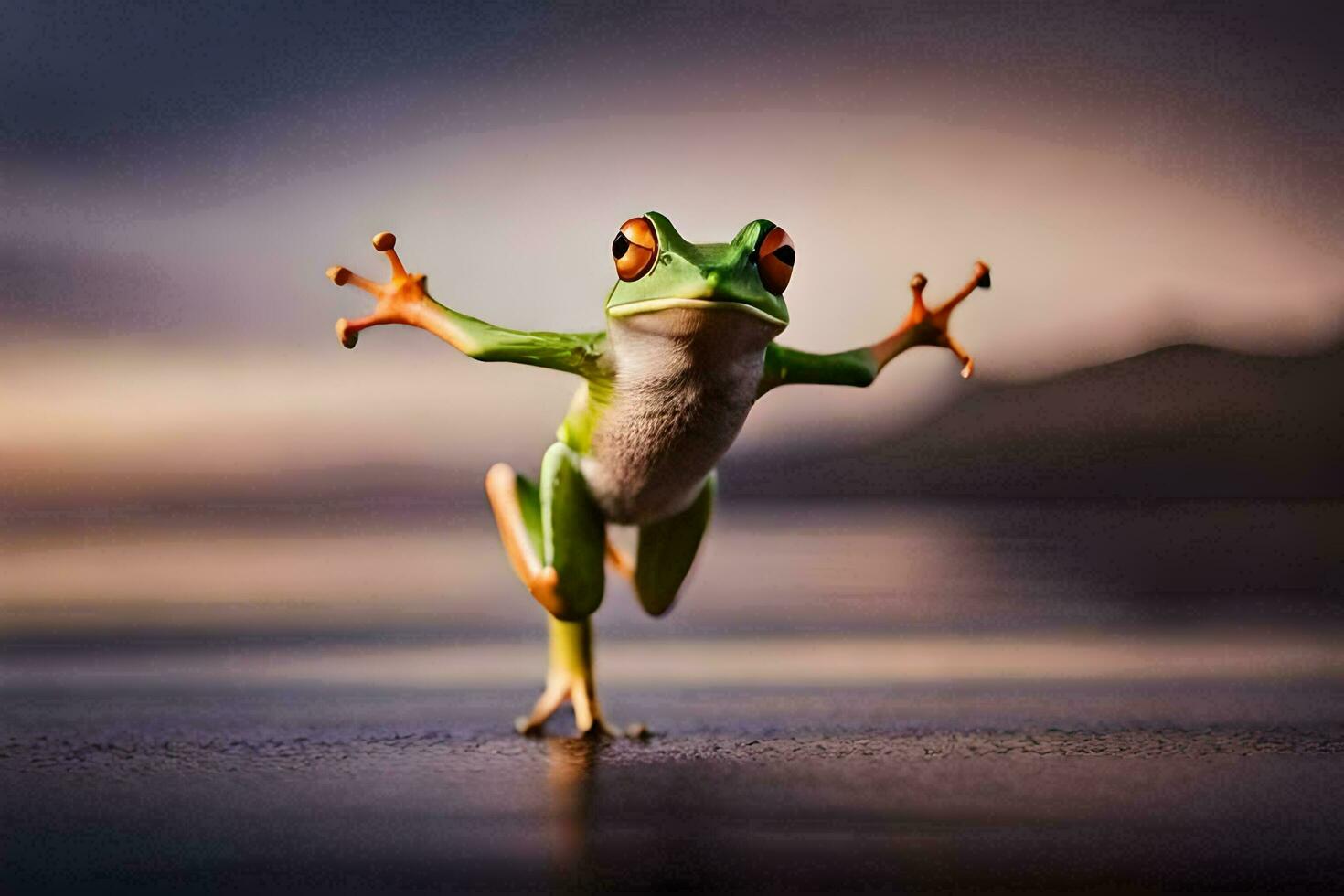 a frog jumping on the beach with its arms outstretched. AI-Generated photo