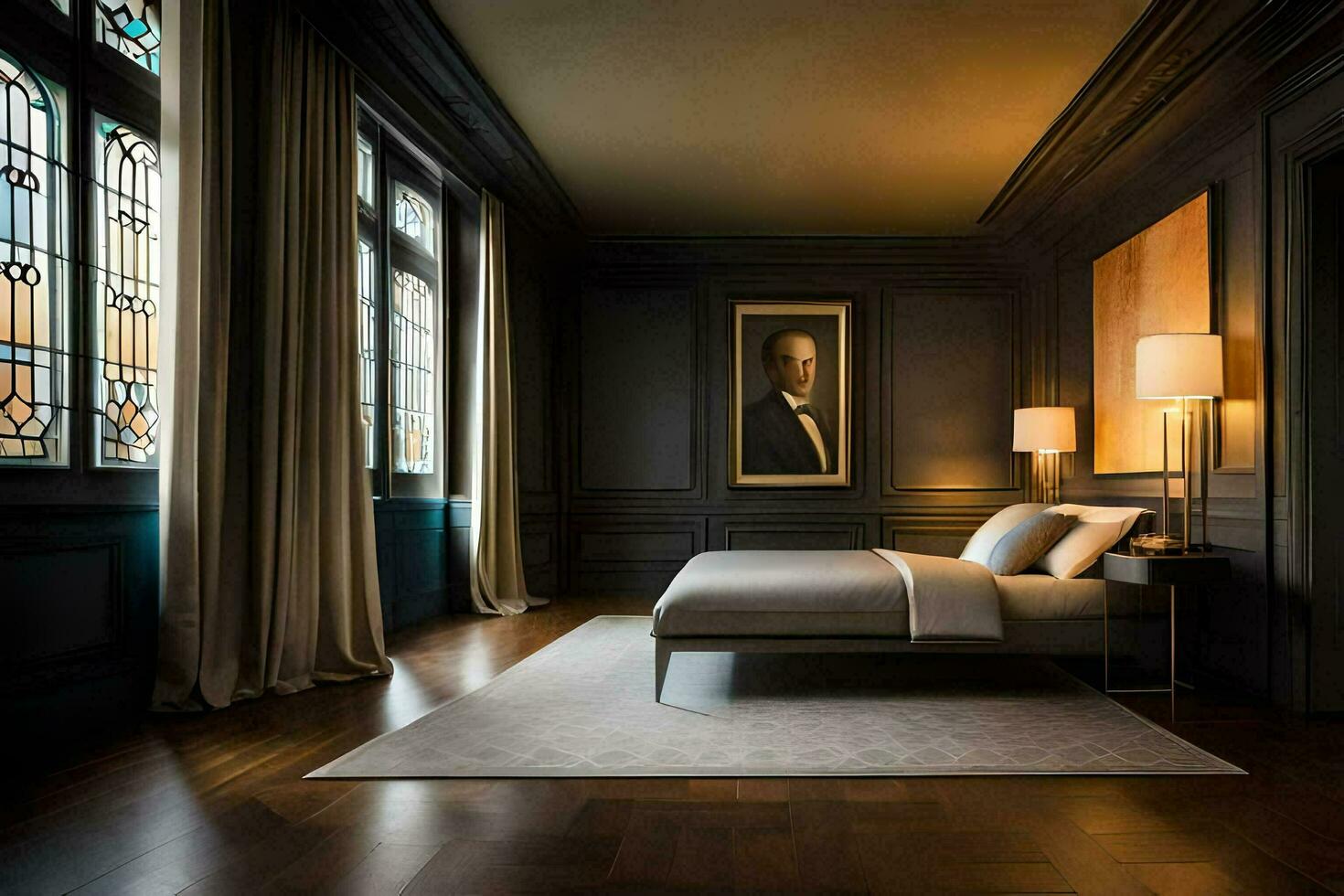 a bedroom with dark wood floors and a bed. AI-Generated photo