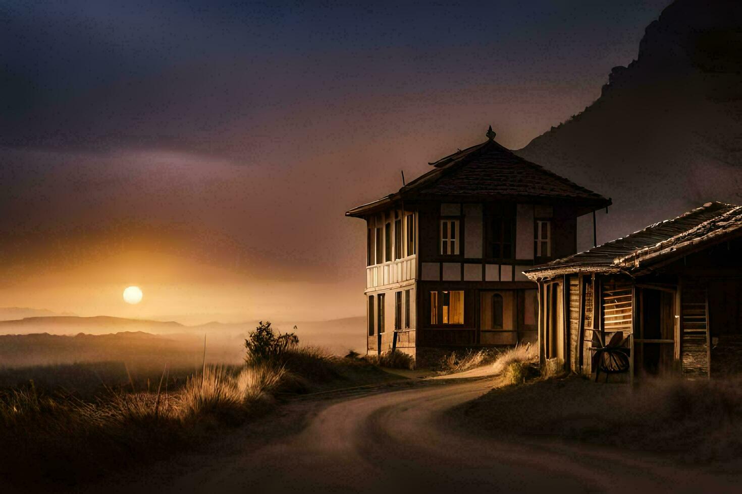 photo wallpaper the sky, road, house, sunset, the mountains, the sun, the mountains. AI-Generated
