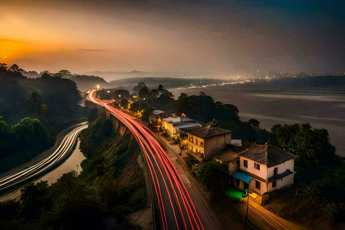 a long exposure photograph of a road and houses at sunset. AI-Generated photo