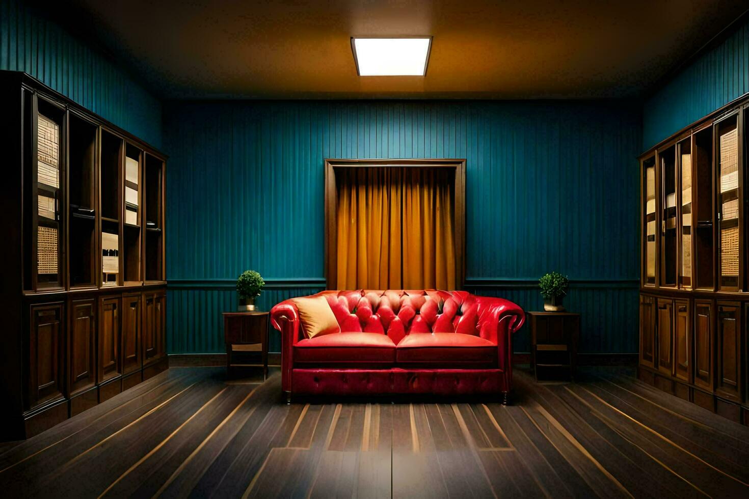 a red couch sits in a room with blue walls. AI-Generated photo