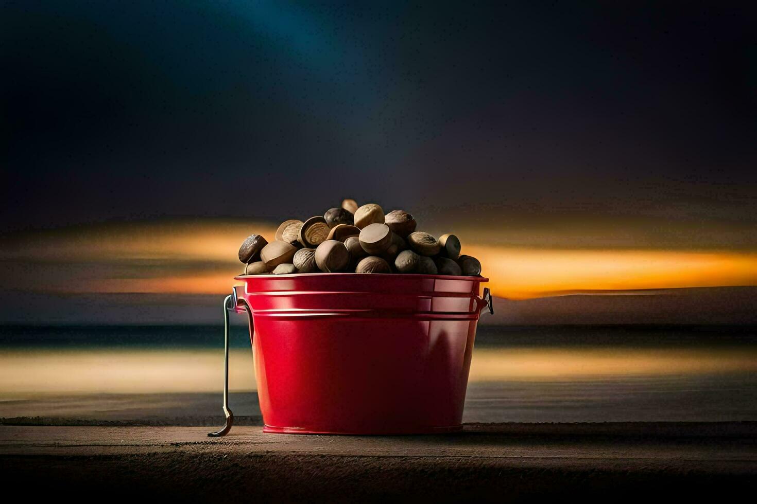 a bucket of nuts on a beach at sunset. AI-Generated photo