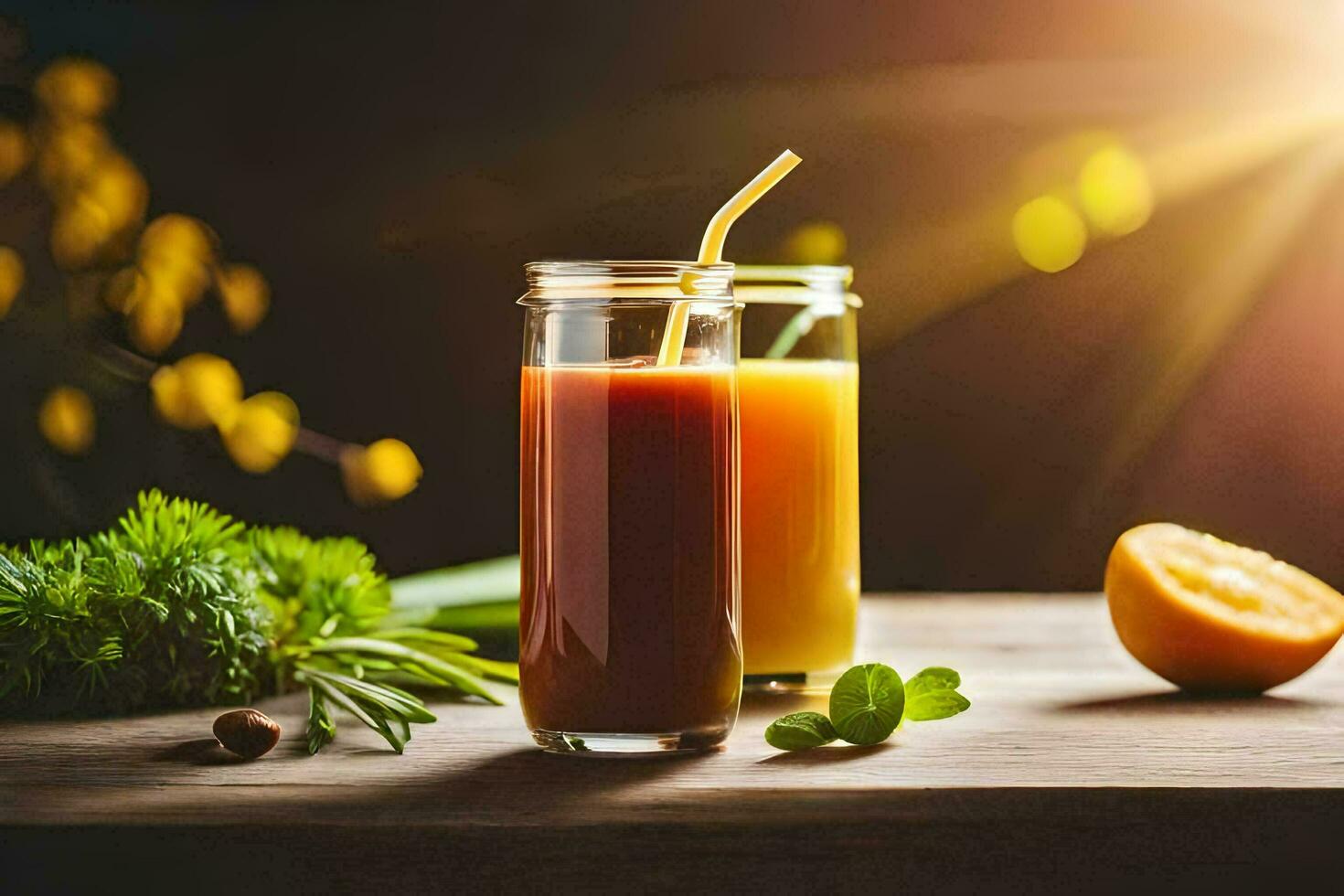 dos lentes de jugo con naranjas y hierbas. generado por ai foto