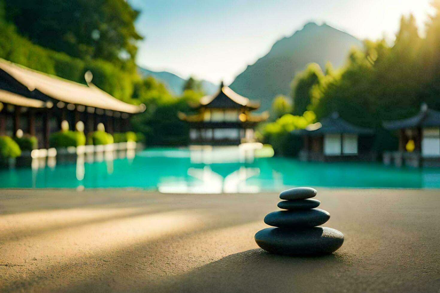 stone stack in front of a pool. AI-Generated photo